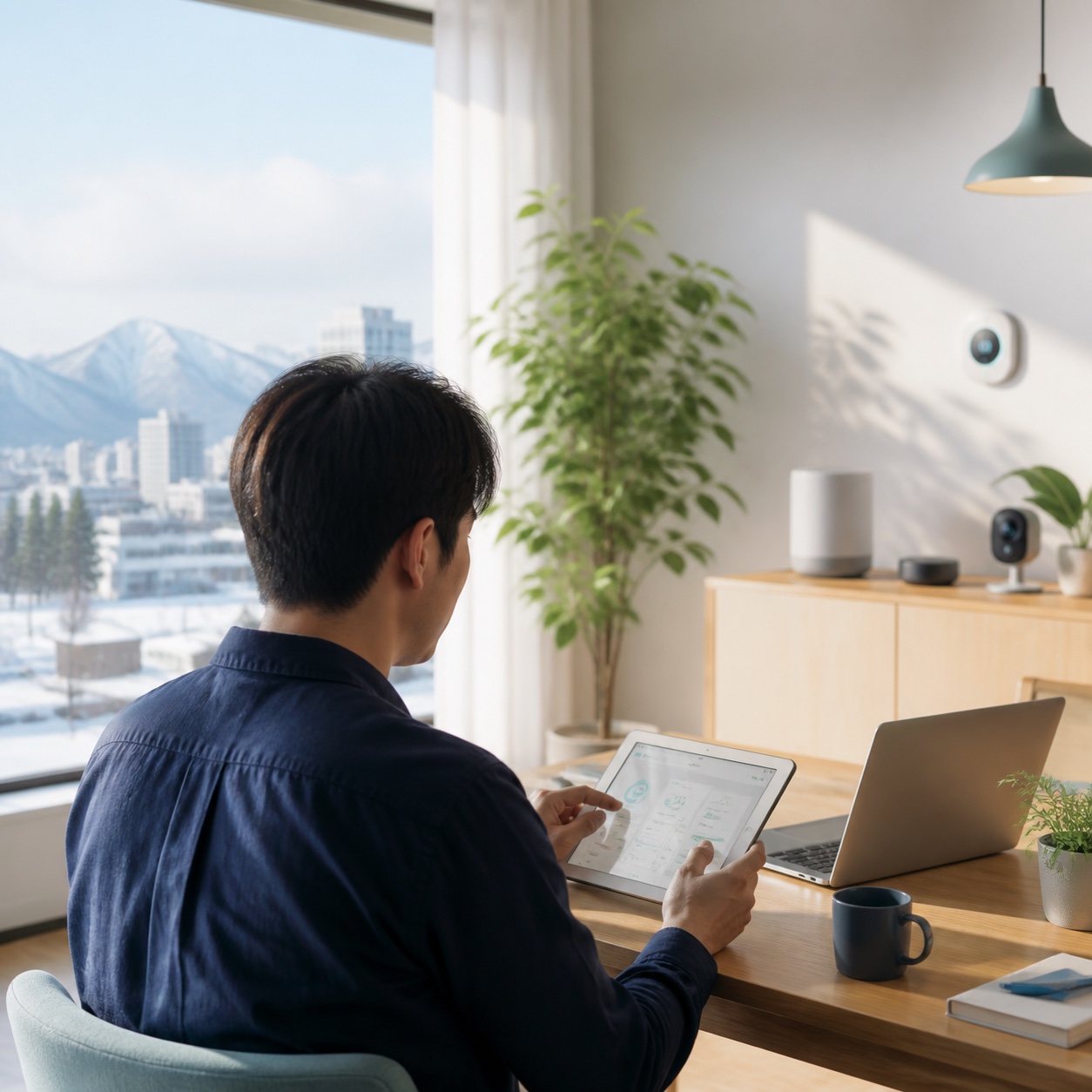 札幌を思わせる冬景色のそばで、タブレットを使って暮らしの仕組みを確認する人